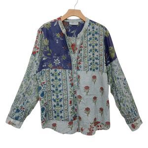 Vintage Goa Top Womens Large Gray Floral Roll Tan Sleeve Bohemian Lagenlook